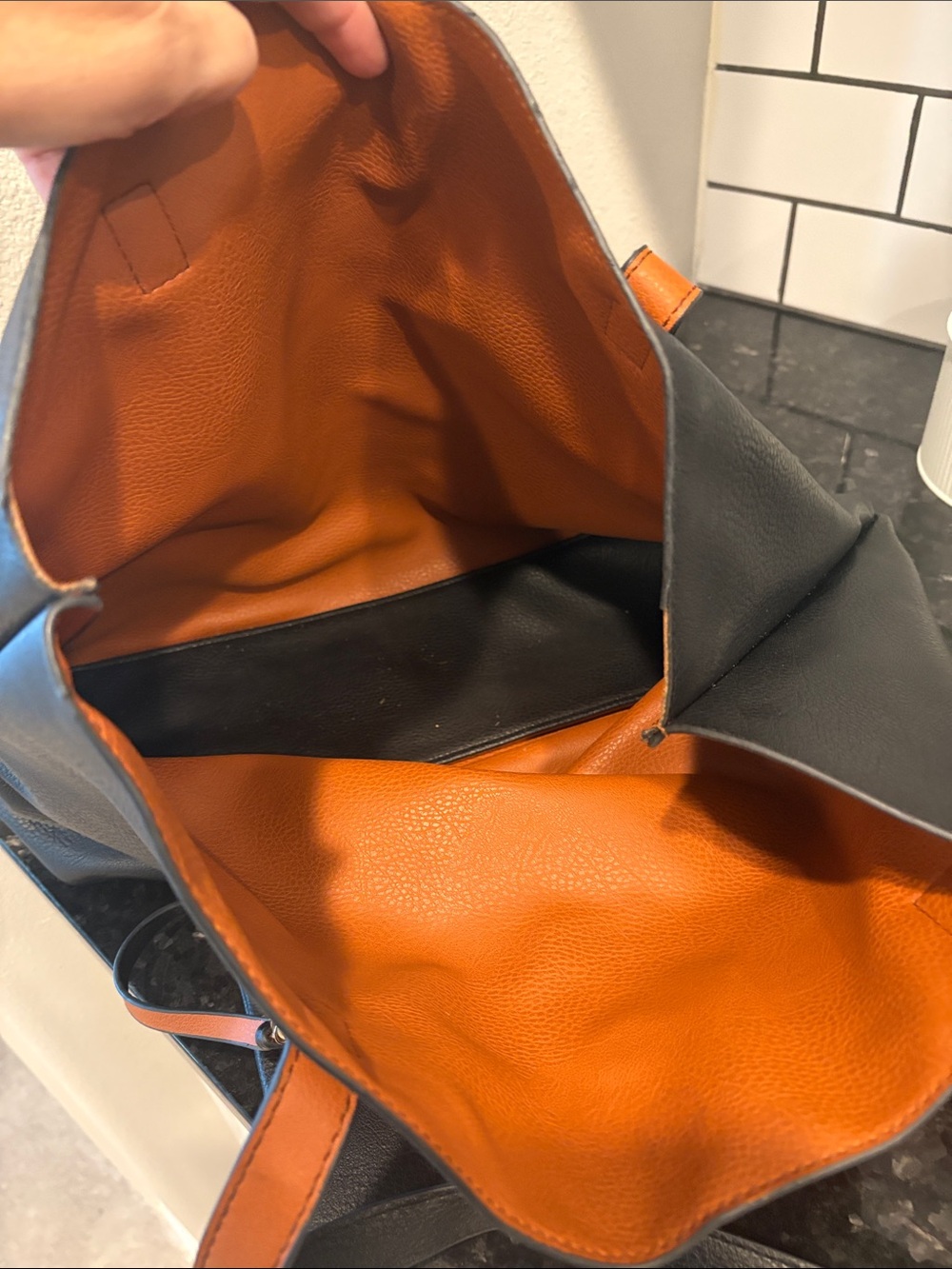 Black and Dark Tan Reversible Leather Tote Bag - Picture 3 of 6